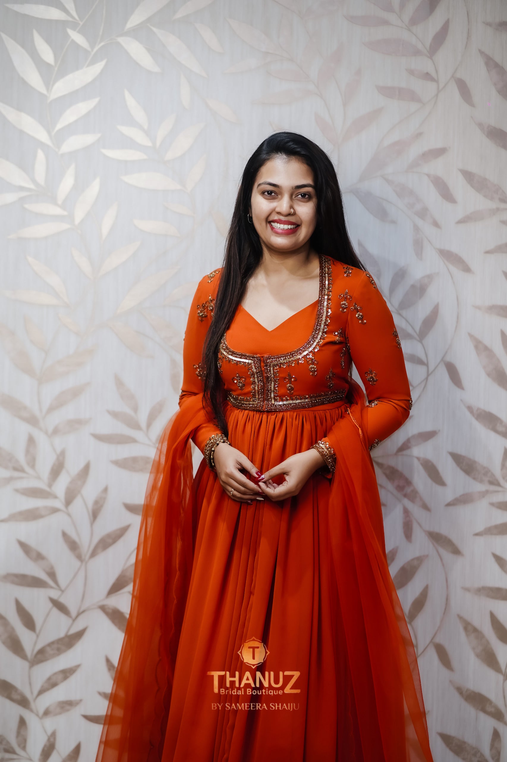 Sunset Orange Designer Gown with Sequin Embroidery - Festive Party Wear