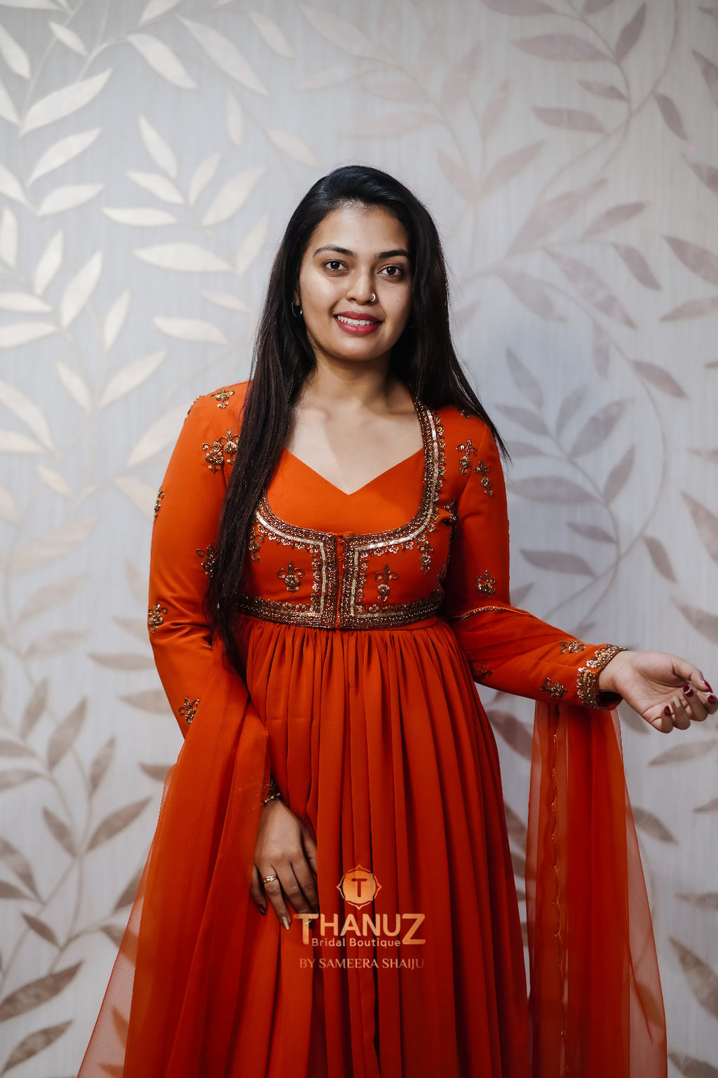 Sunset Orange Designer Gown with Sequin Embroidery - Festive Party Wear