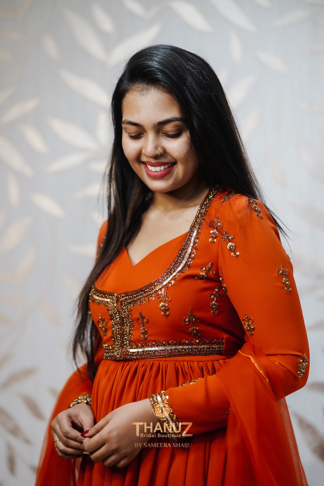 Sunset Orange Designer Gown with Sequin Embroidery - Festive Party Wear
