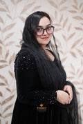 Midnight Black Velvet Gown with Shimmer Sleeves - Elegant Evening Party Wear
