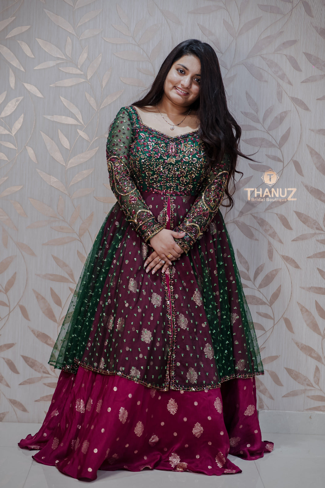 Emerald Green and Magenta Bridal Gown - Heavy Zari Work Designer Outfit