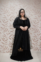 Midnight Black Velvet Gown with Shimmer Sleeves - Elegant Evening Party Wear