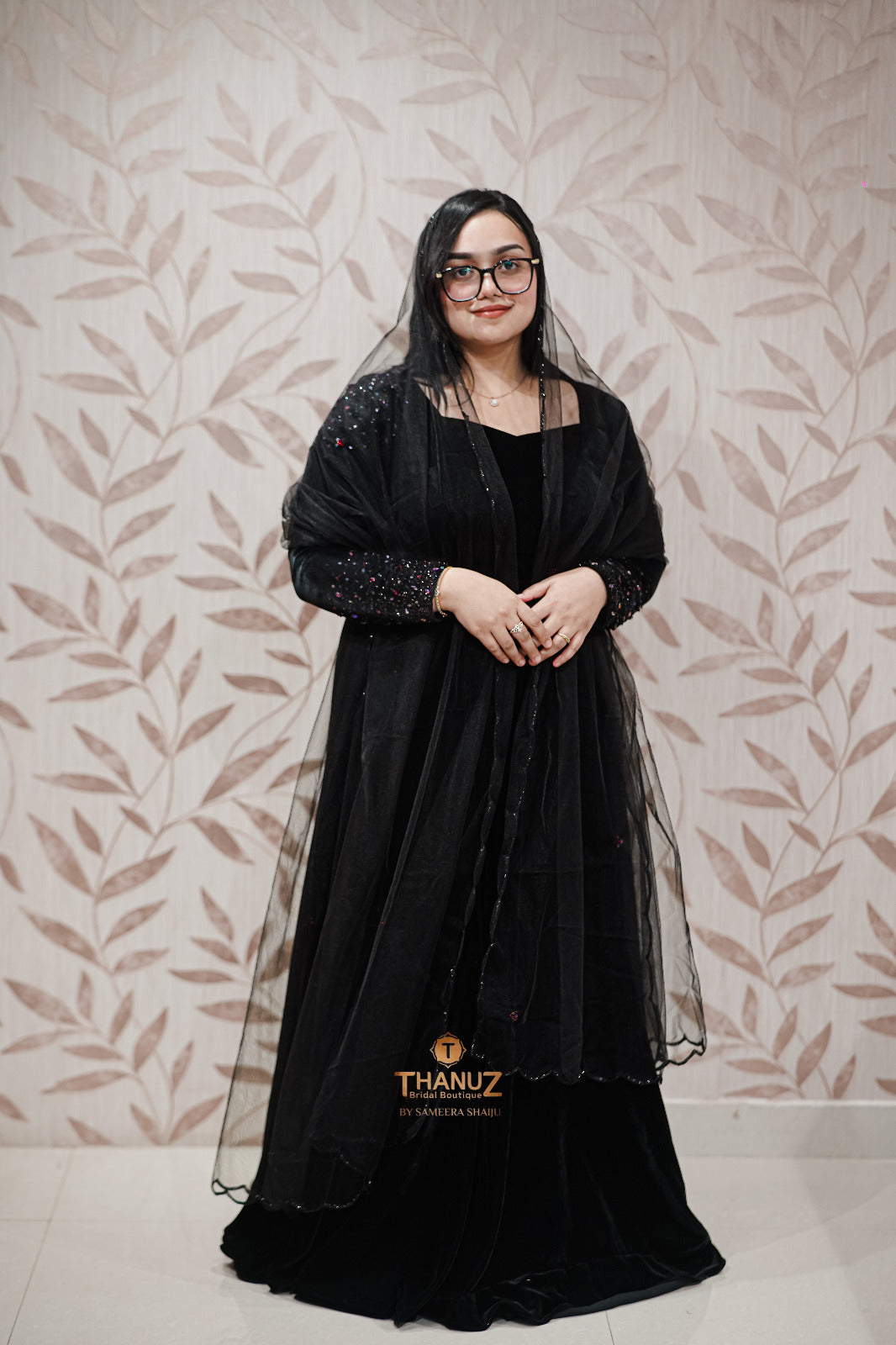 Midnight Black Velvet Gown with Shimmer Sleeves - Elegant Evening Party Wear