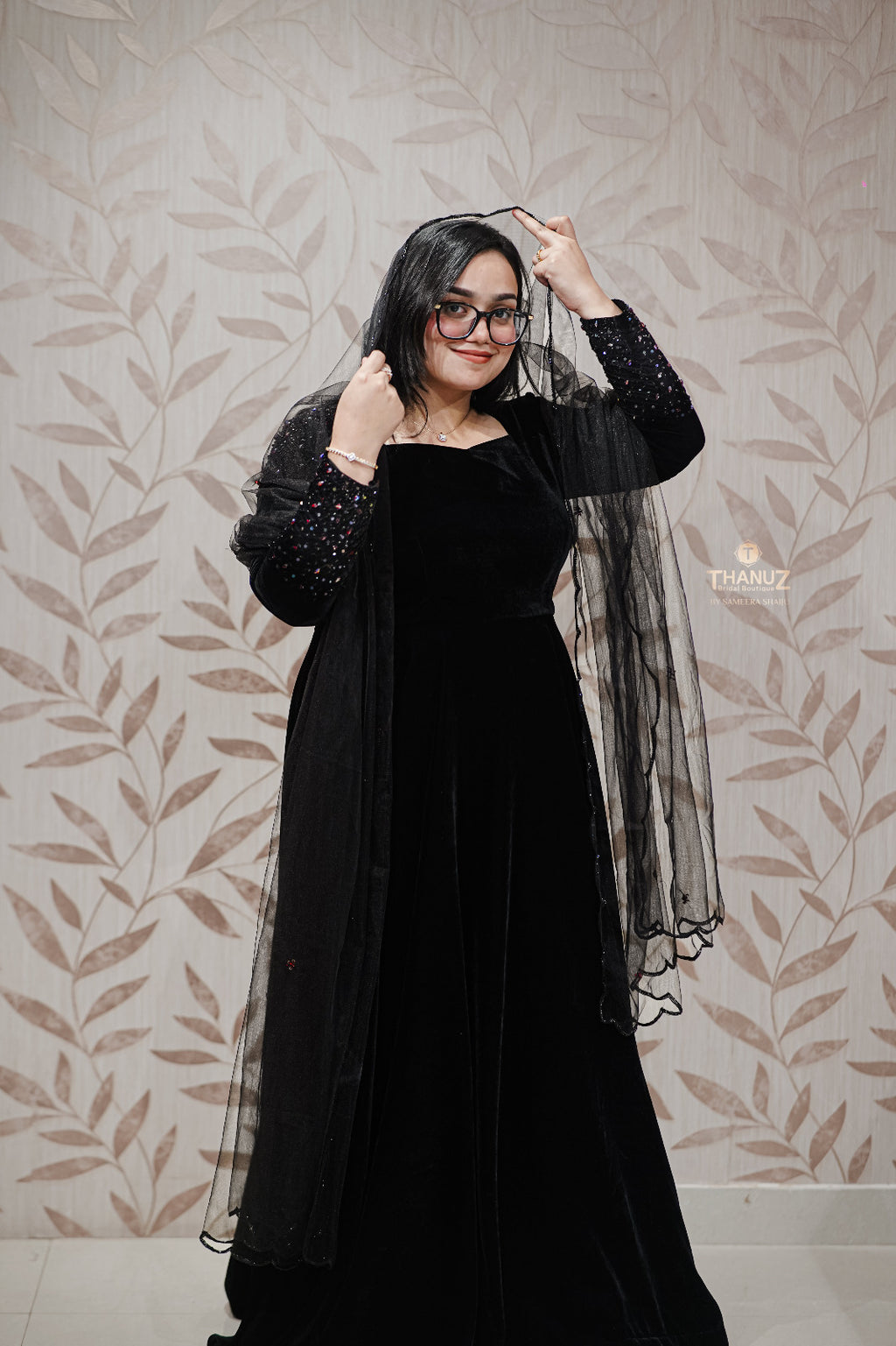Midnight Black Velvet Gown with Shimmer Sleeves - Elegant Evening Party Wear