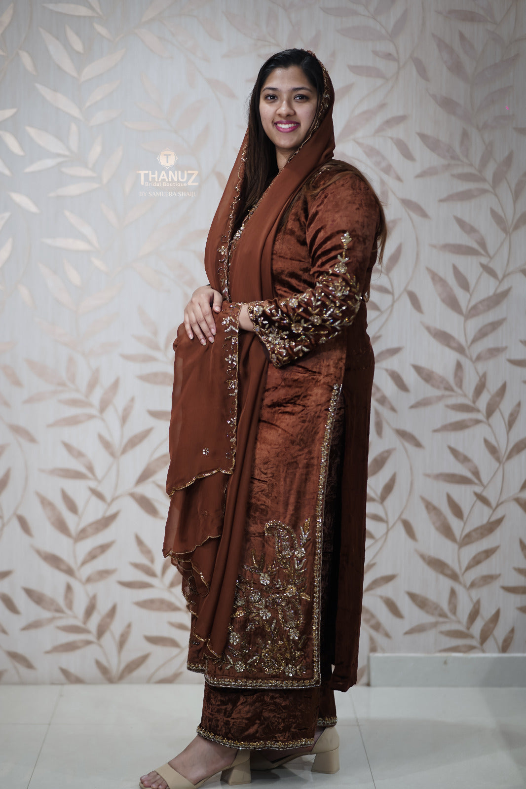 Chocolate Brown Velvet Salwar Suit with Antique Gold Work