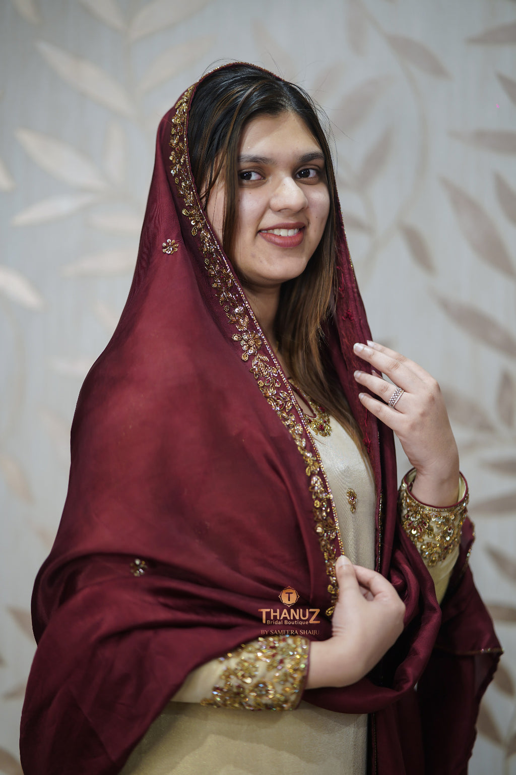 Beige Gold Salwar Suit with Maroon Silk Dupatta