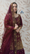 Wine Red Pakistani Lehenga with Antique Gold Floral Work