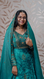 Luxury Teal Green Velvet Hand-Embroidered Gown with Organza Dupatta