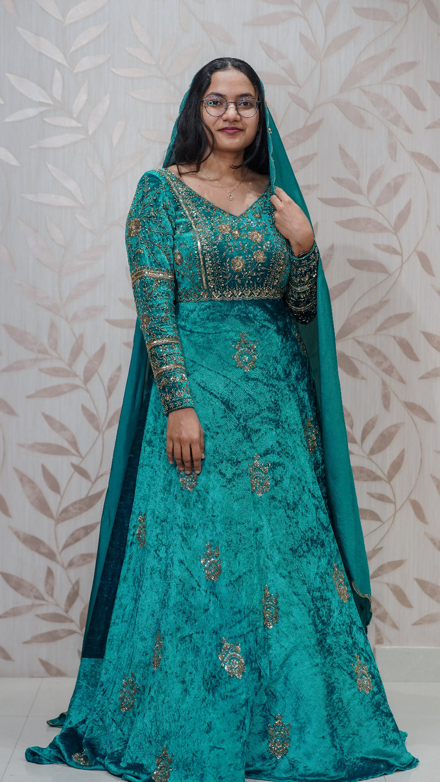 Luxury Teal Green Velvet Hand-Embroidered Gown with Organza Dupatta