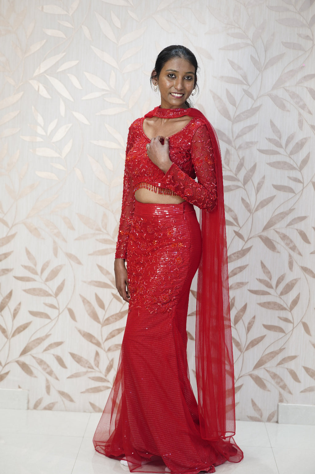 Red Shimmer Mermaid Lehenga Set