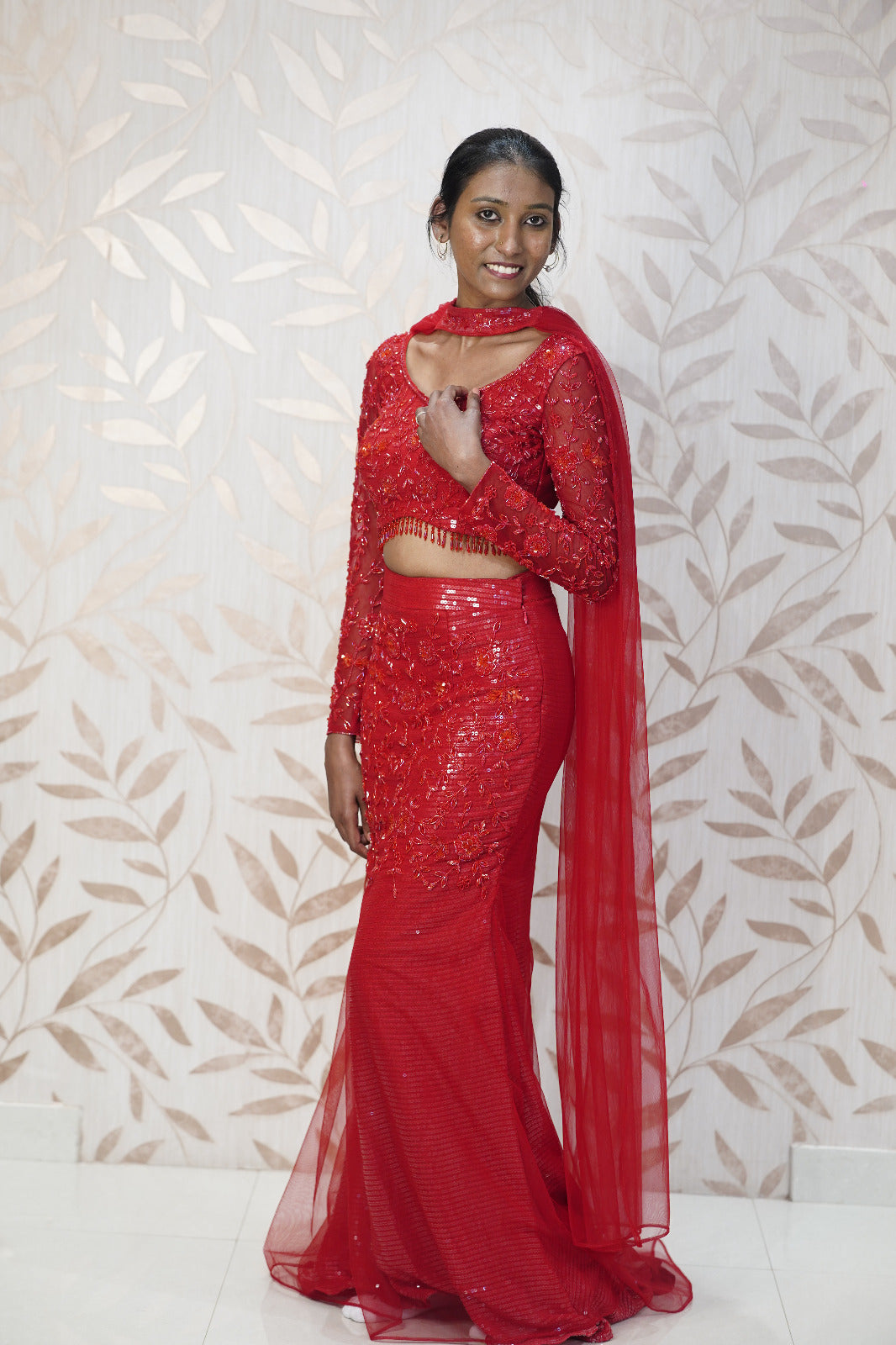 Red Shimmer Mermaid Lehenga Set