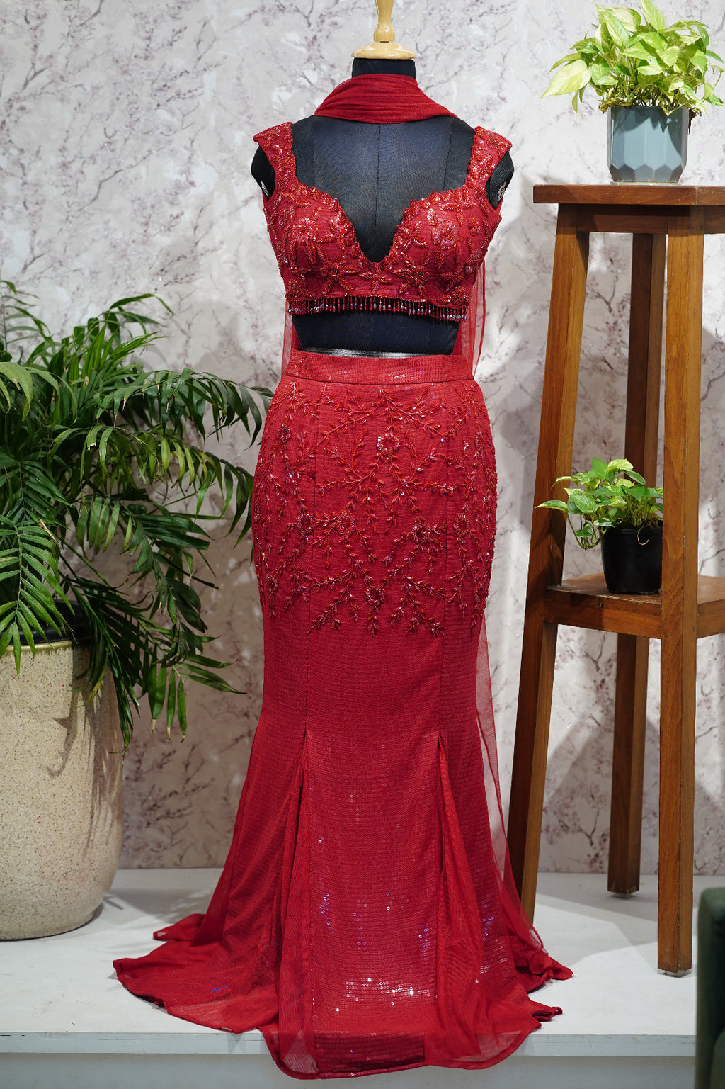 Red Shimmer Mermaid Lehenga Set