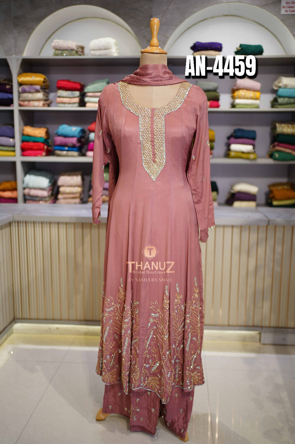 the three elegant Anarkali suits under code AN-4459, crafted from a soft, flowing Chinnon material