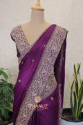 Deep Plum Silk Saree with Intricate Zardosi & Kashmiri-Style Embroidered Borders