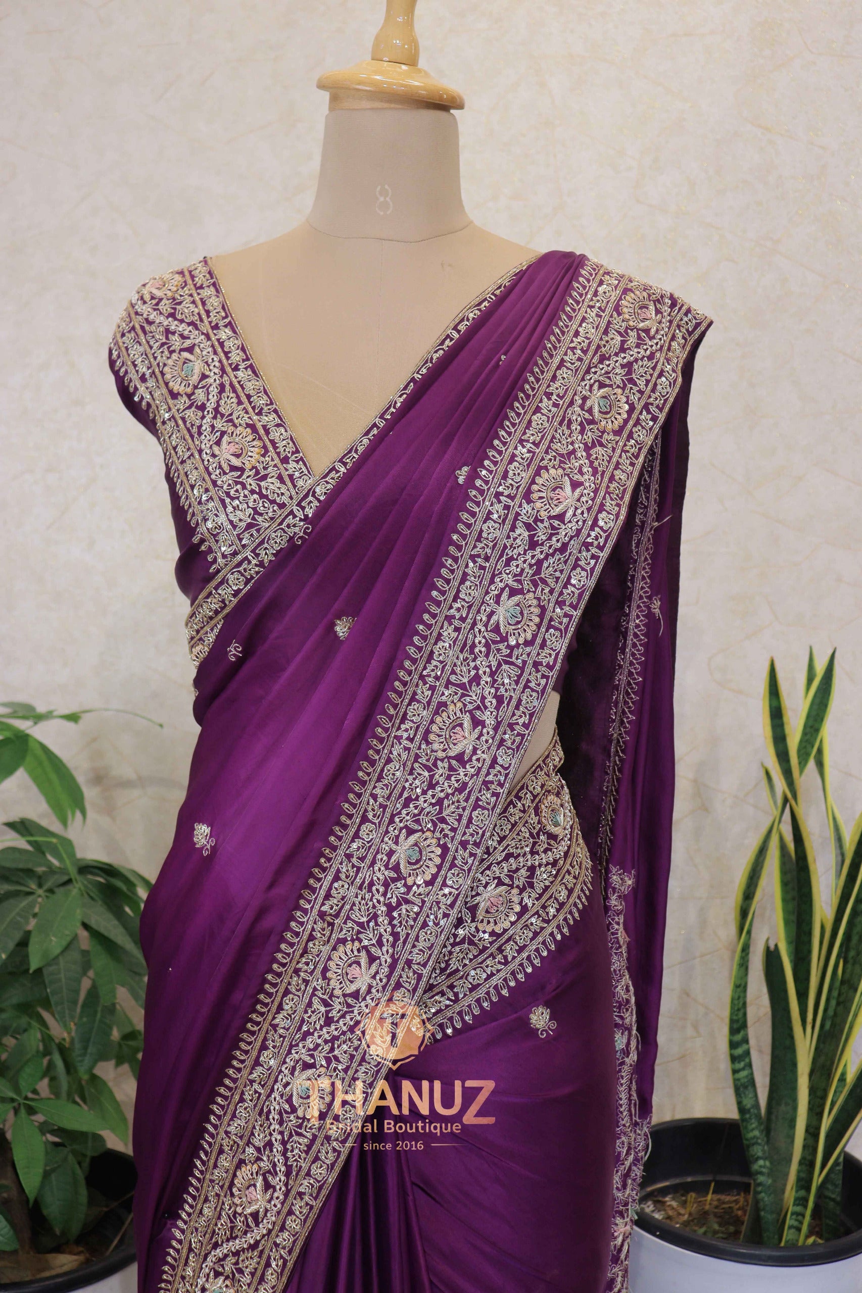 Deep Plum Silk Saree with Intricate Zardosi & Kashmiri-Style Embroidered Borders