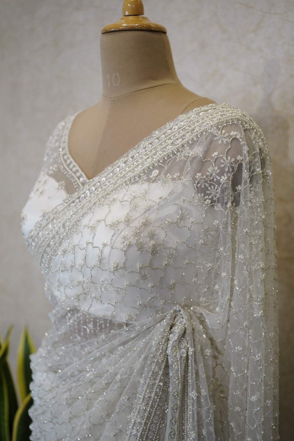Ethereal Ivory Hand-Embroidered Net Saree Set