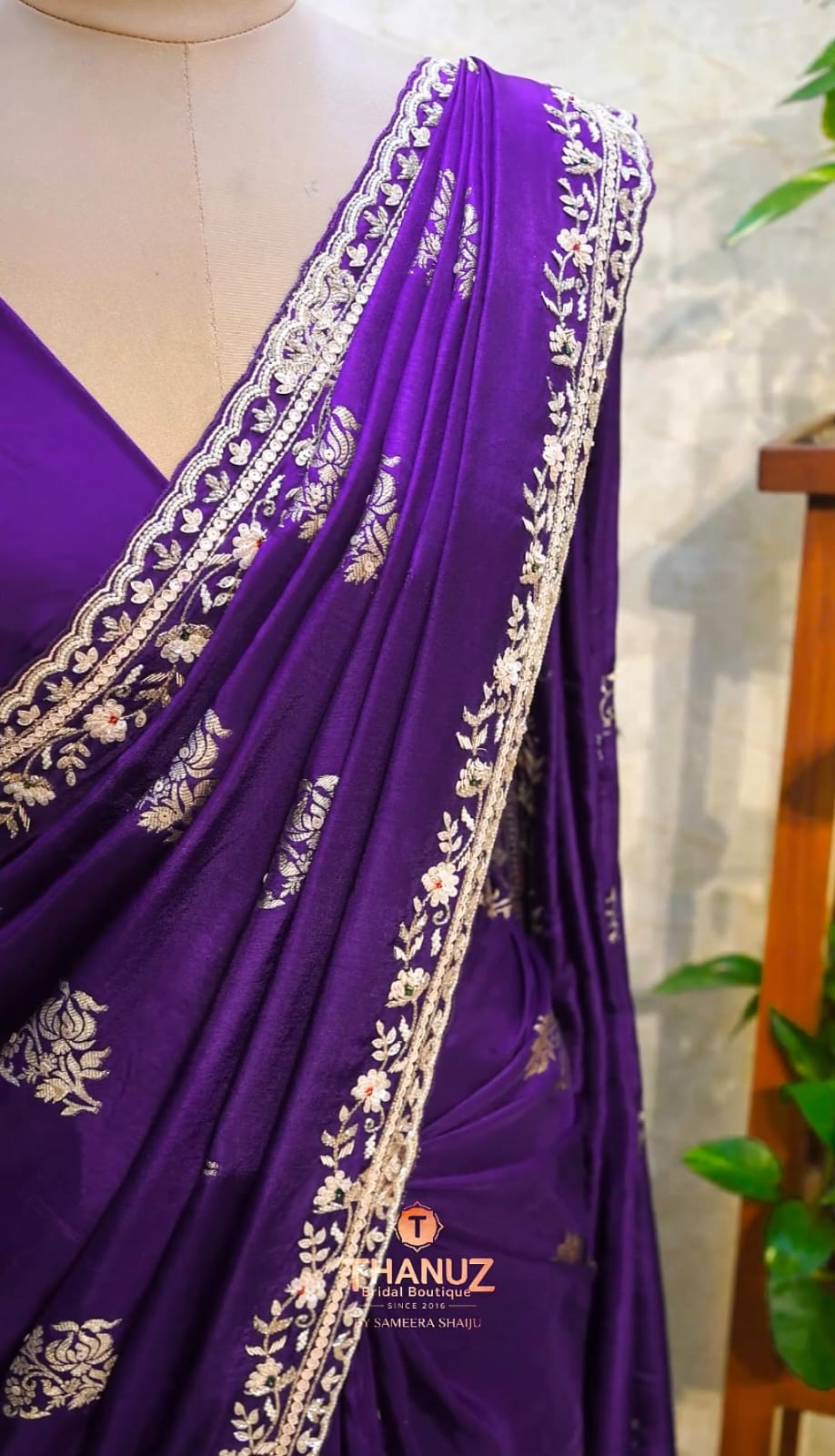 Deep Purple Silk Saree with Intricate Zari and Floral Embroidery