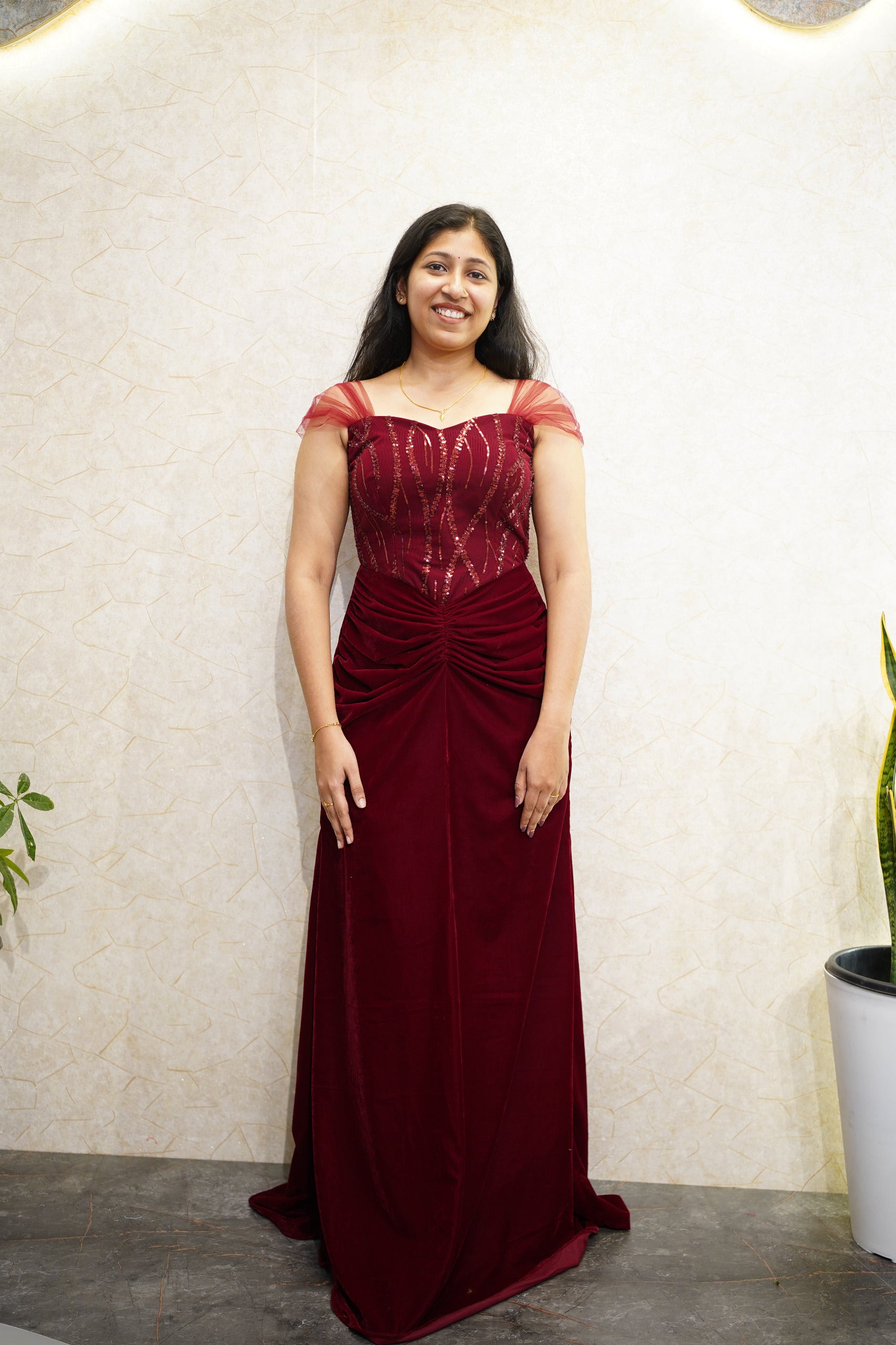Elegant Wine Red Velvet and Sequin Evening Gown