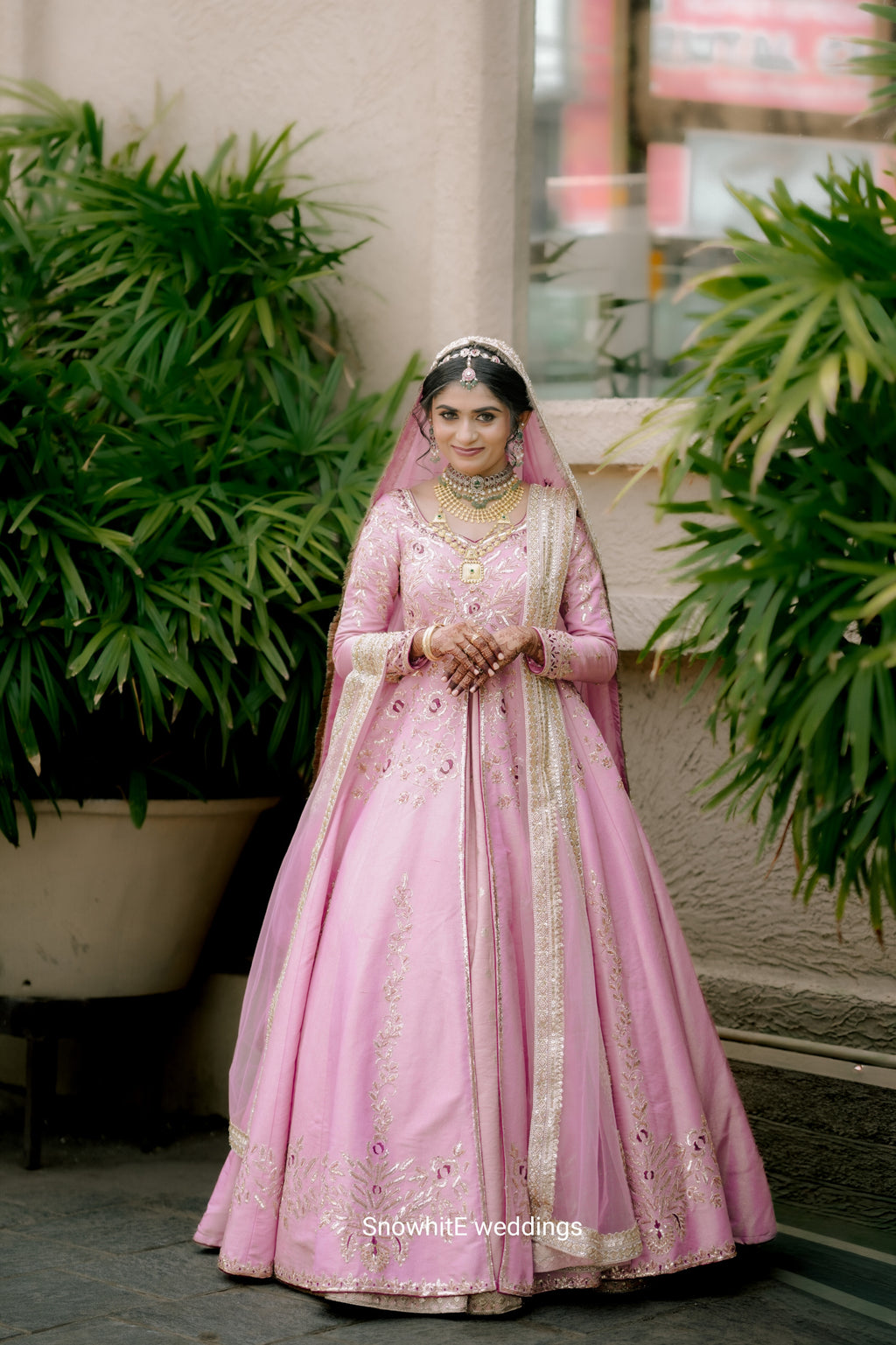 Blush Pink Hand-Embroidered Anarkali-Lehenga Fusion Set with Dual Dupatta