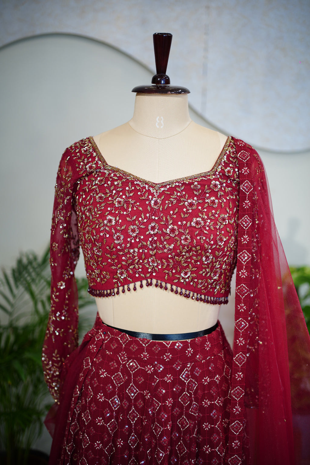 Crimson Elegance Hand-Embroidered Georgette Lehenga Set