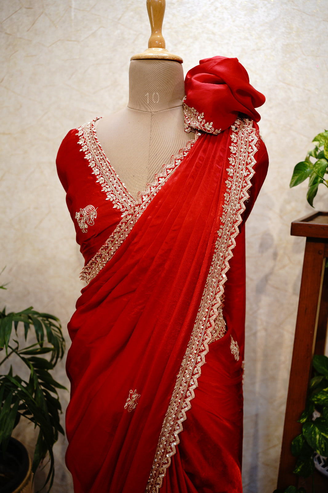 ✨Crimson Elegance Embroidered Silk Saree