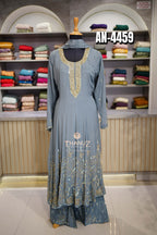 the three elegant Anarkali suits under code AN-4459, crafted from a soft, flowing Chinnon material