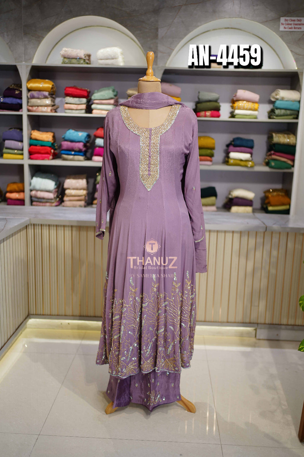 the three elegant Anarkali suits under code AN-4459, crafted from a soft, flowing Chinnon material