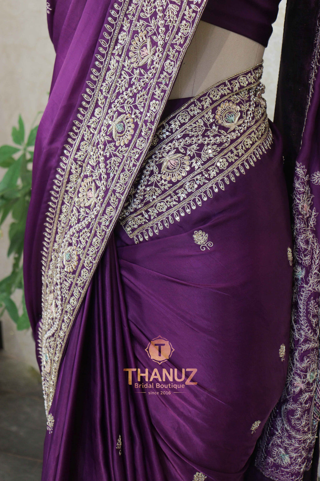 Deep Plum Silk Saree with Intricate Zardosi & Kashmiri-Style Embroidered Borders