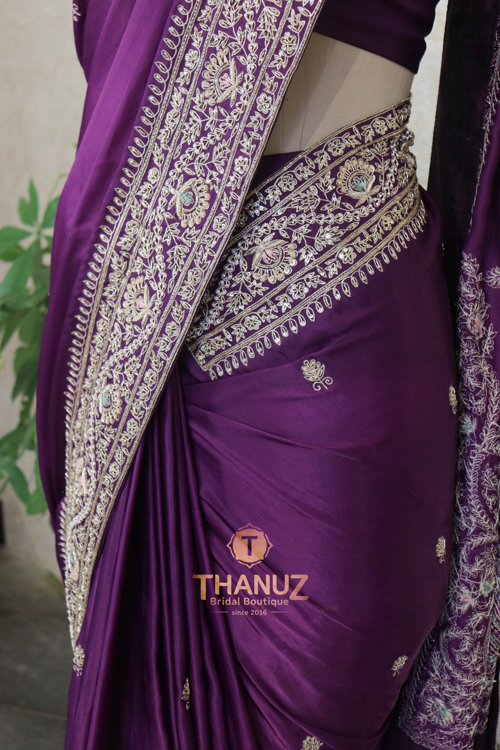 Deep Plum Silk Saree with Intricate Zardosi & Kashmiri-Style Embroidered Borders