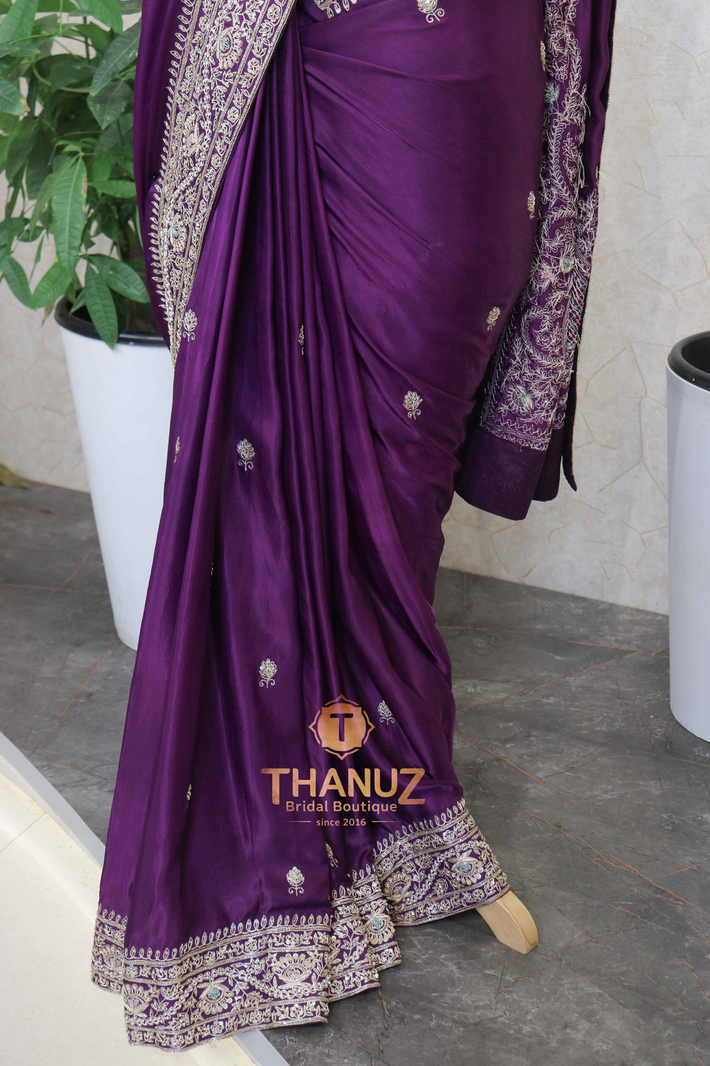 Deep Plum Silk Saree with Intricate Zardosi & Kashmiri-Style Embroidered Borders