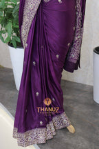 Deep Plum Silk Saree with Intricate Zardosi & Kashmiri-Style Embroidered Borders