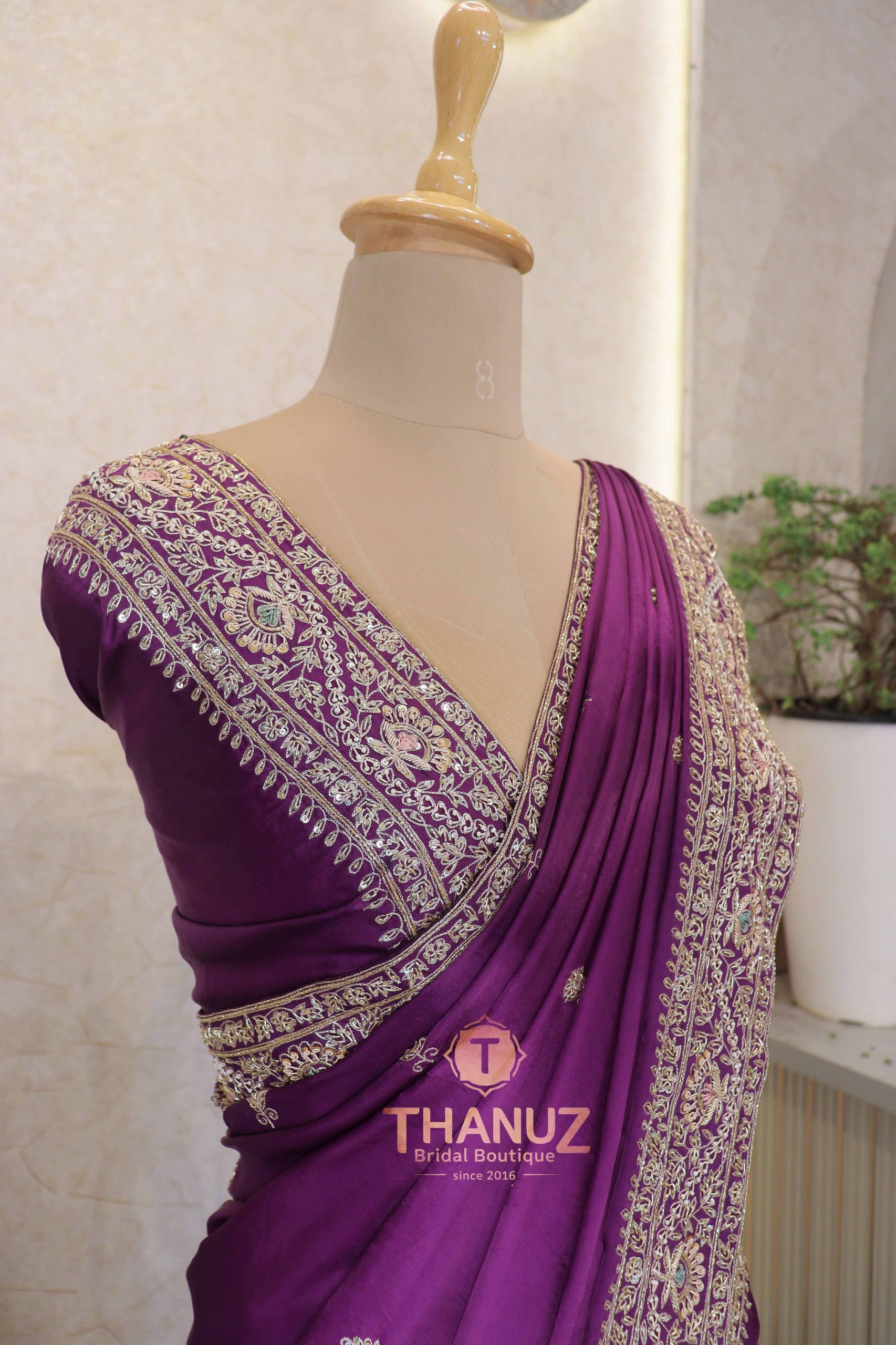 Deep Plum Silk Saree with Intricate Zardosi & Kashmiri-Style Embroidered Borders