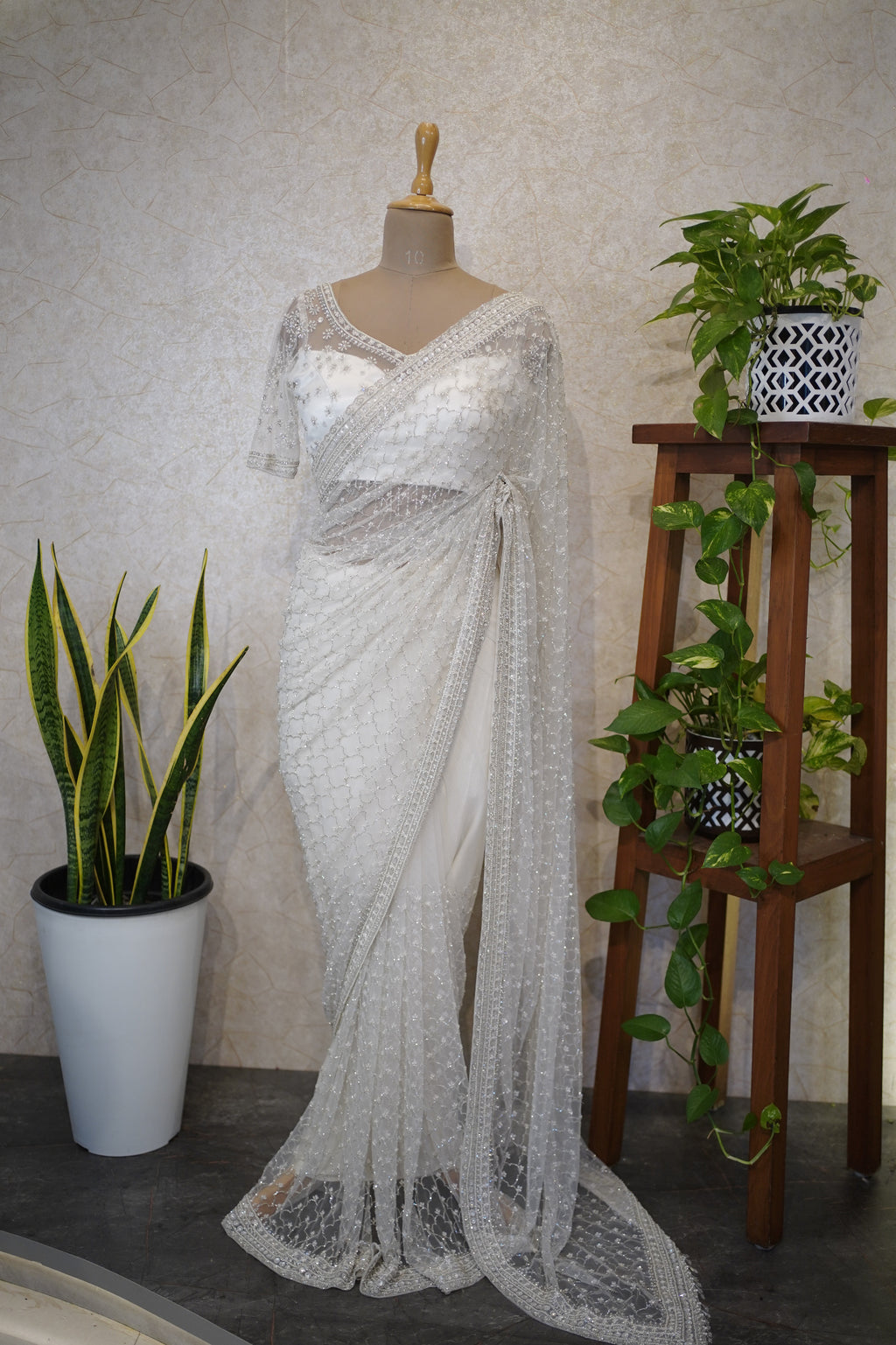 Ethereal Ivory Hand-Embroidered Net Saree Set