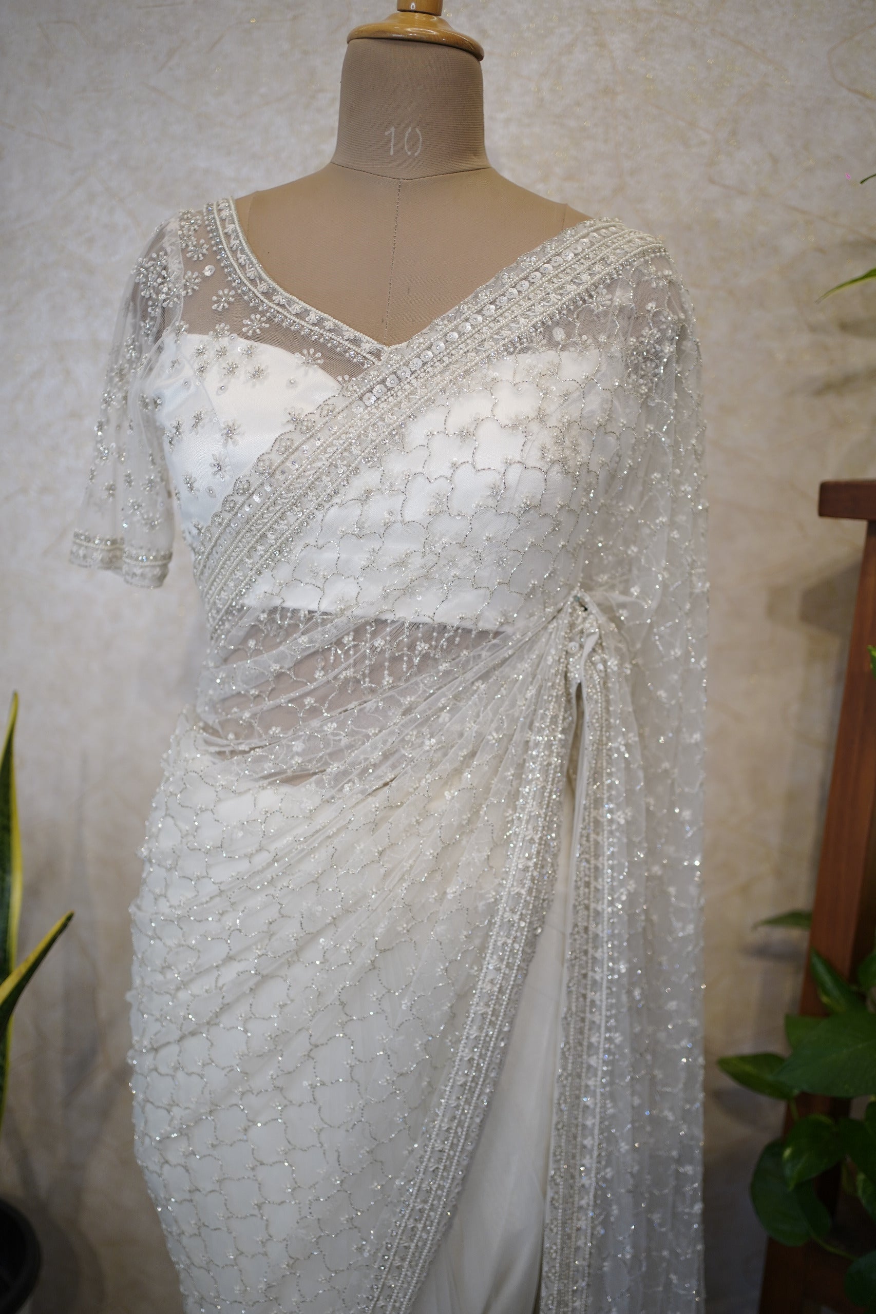 Ethereal Ivory Hand-Embroidered Net Saree Set