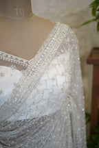 Ethereal Ivory Hand-Embroidered Net Saree Set