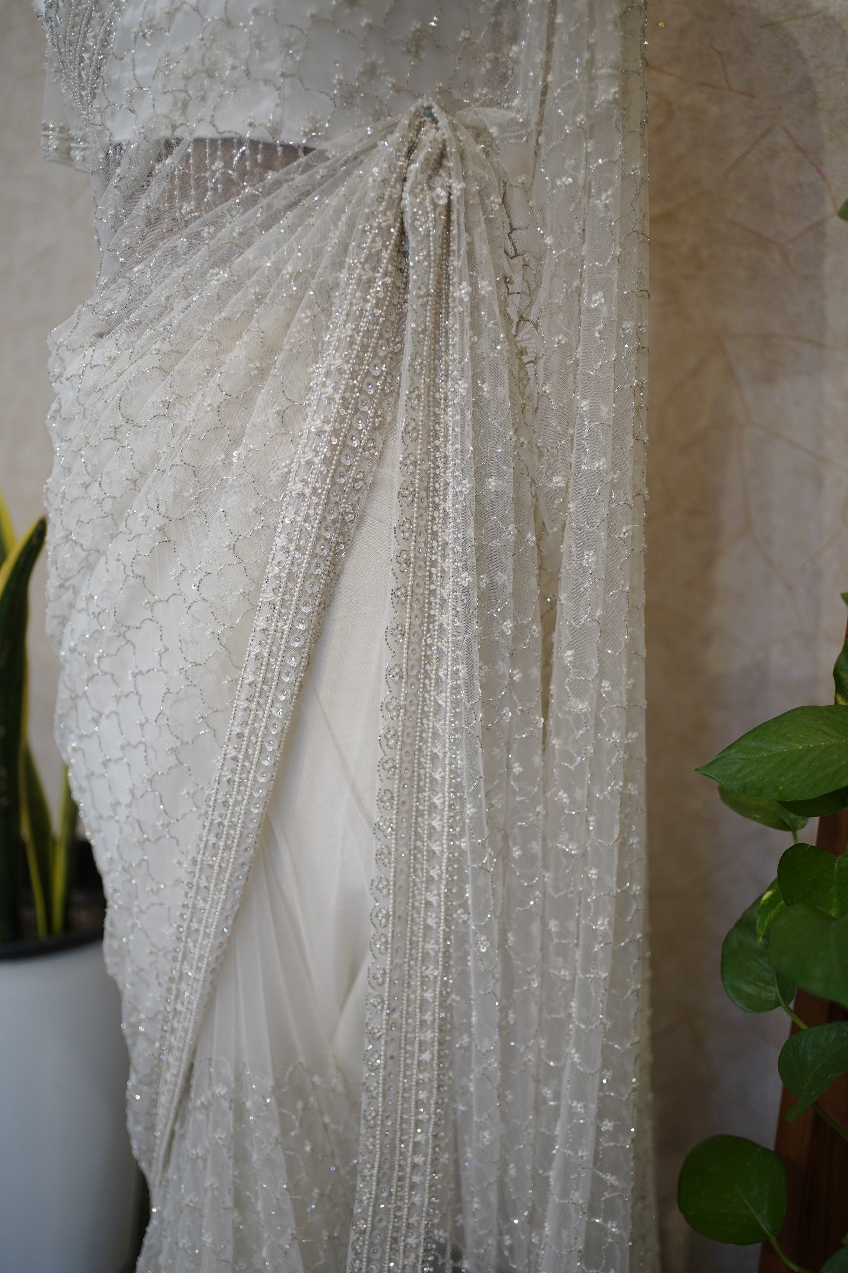 Ethereal Ivory Hand-Embroidered Net Saree Set