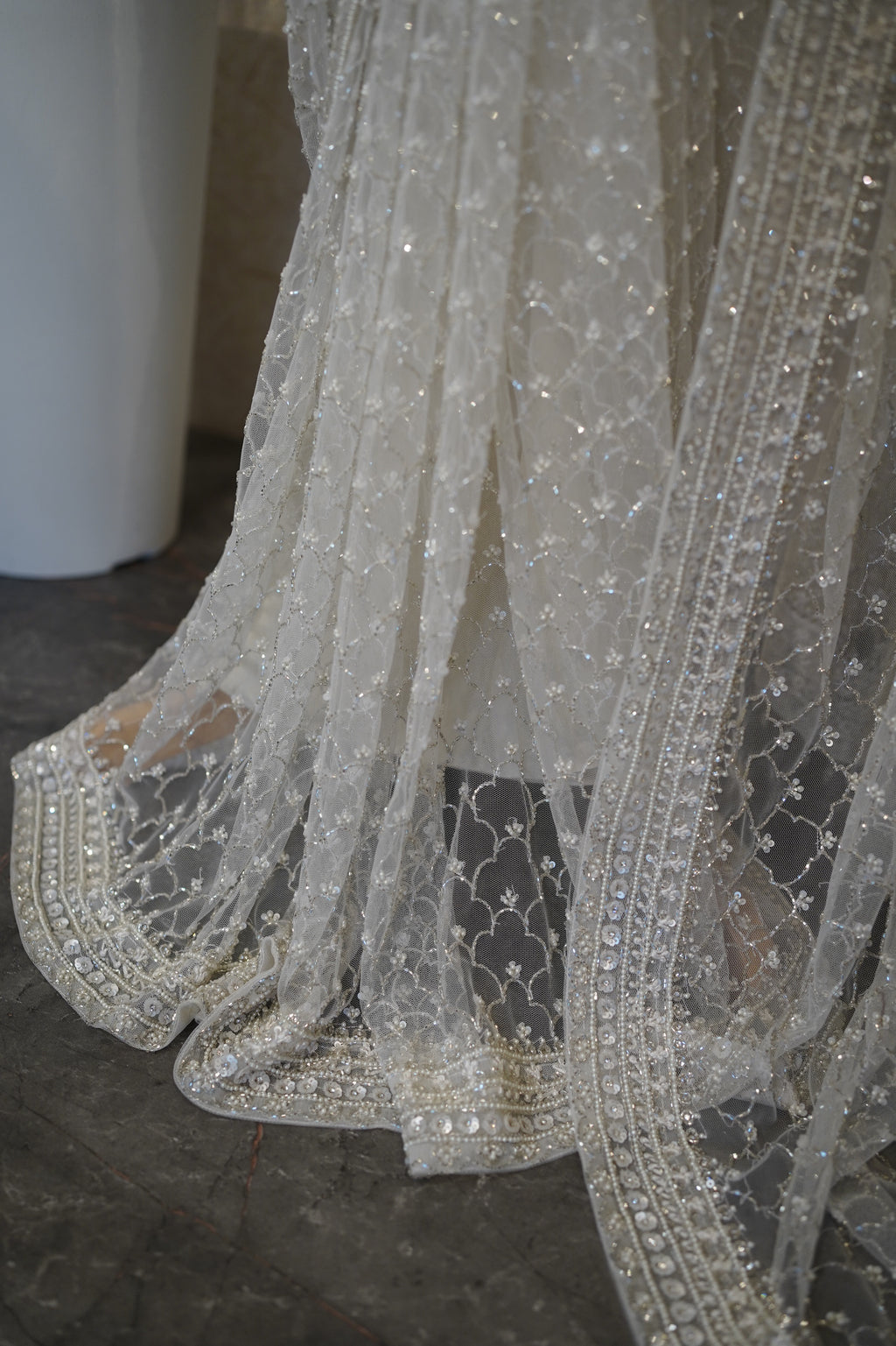Ethereal Ivory Hand-Embroidered Net Saree Set