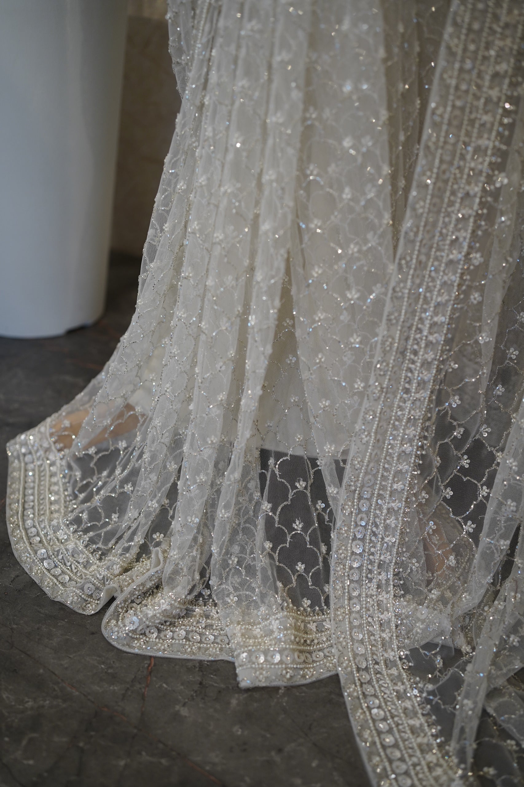 Ethereal Ivory Hand-Embroidered Net Saree Set