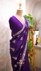 Deep Purple Silk Saree with Intricate Zari and Floral Embroidery