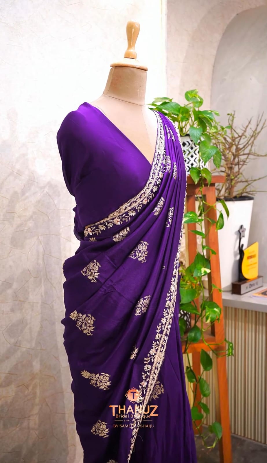 Deep Purple Silk Saree with Intricate Zari and Floral Embroidery