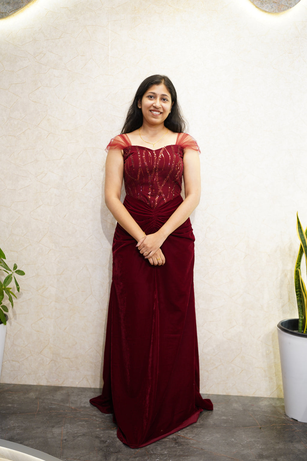 Elegant Wine Red Velvet and Sequin Evening Gown