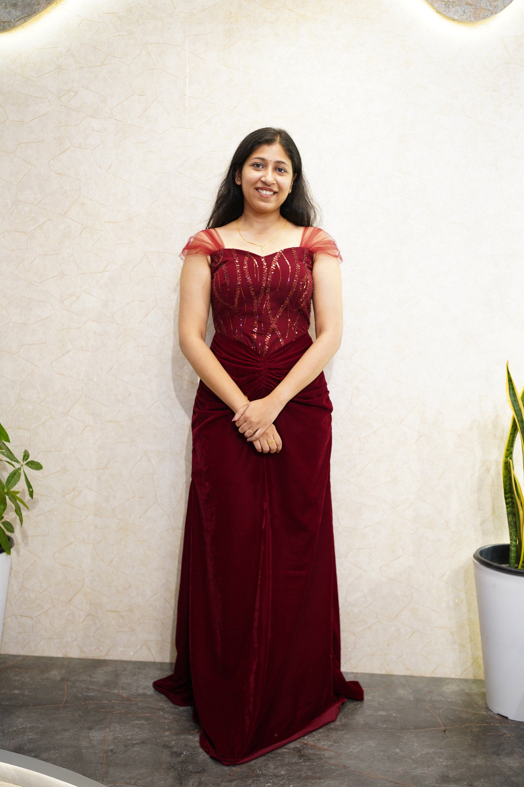 Elegant Wine Red Velvet and Sequin Evening Gown