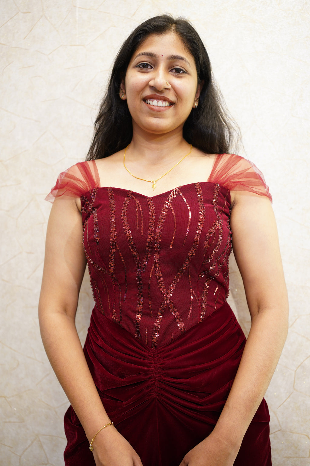 Elegant Wine Red Velvet and Sequin Evening Gown