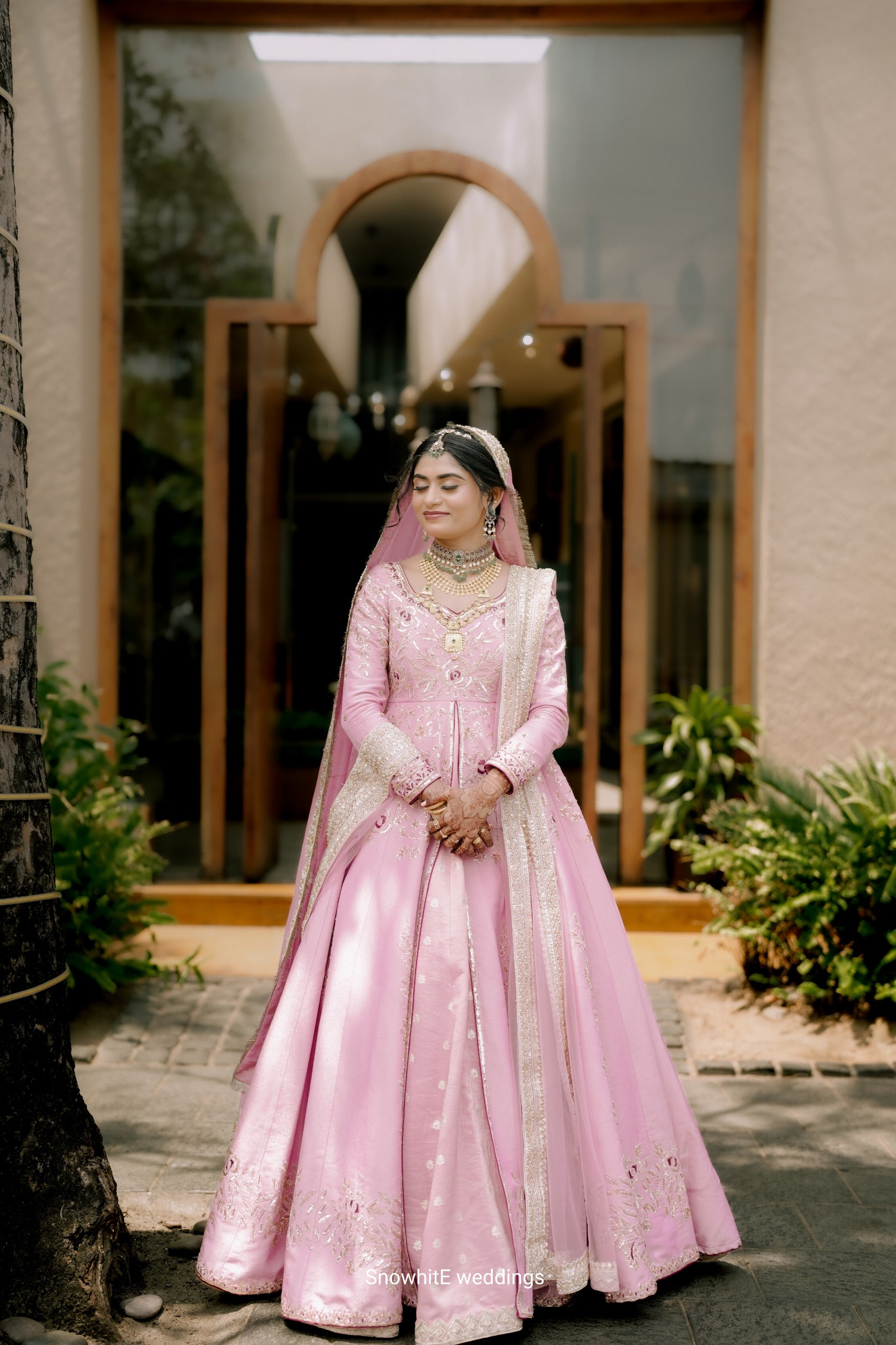 Blush Pink Hand-Embroidered Anarkali-Lehenga Fusion Set with Dual Dupatta