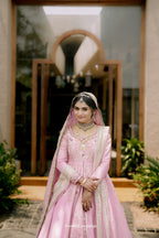 Blush Pink Hand-Embroidered Anarkali-Lehenga Fusion Set with Dual Dupatta