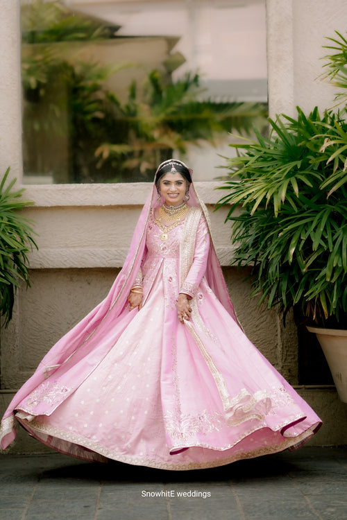 Blush Pink Hand-Embroidered Anarkali-Lehenga Fusion Set with Dual Dupatta