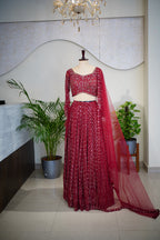 Crimson Elegance Hand-Embroidered Georgette Lehenga Set