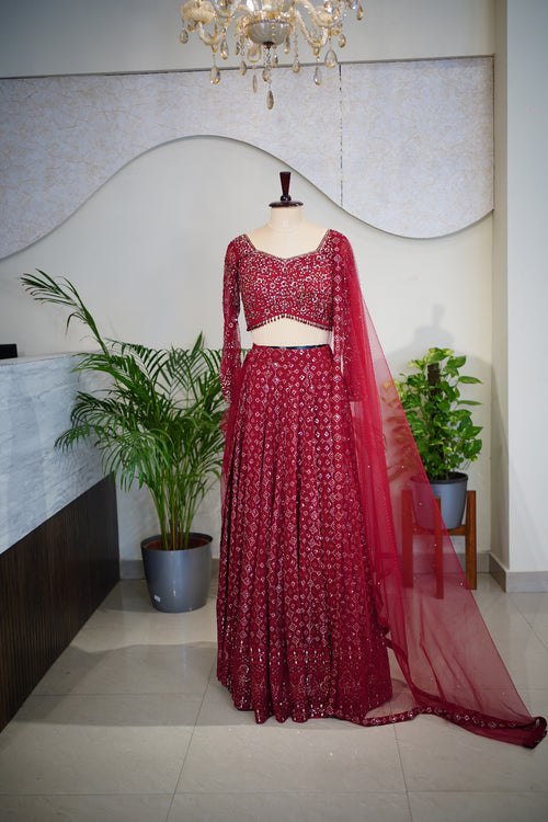 Crimson Elegance Hand-Embroidered Georgette Lehenga Set