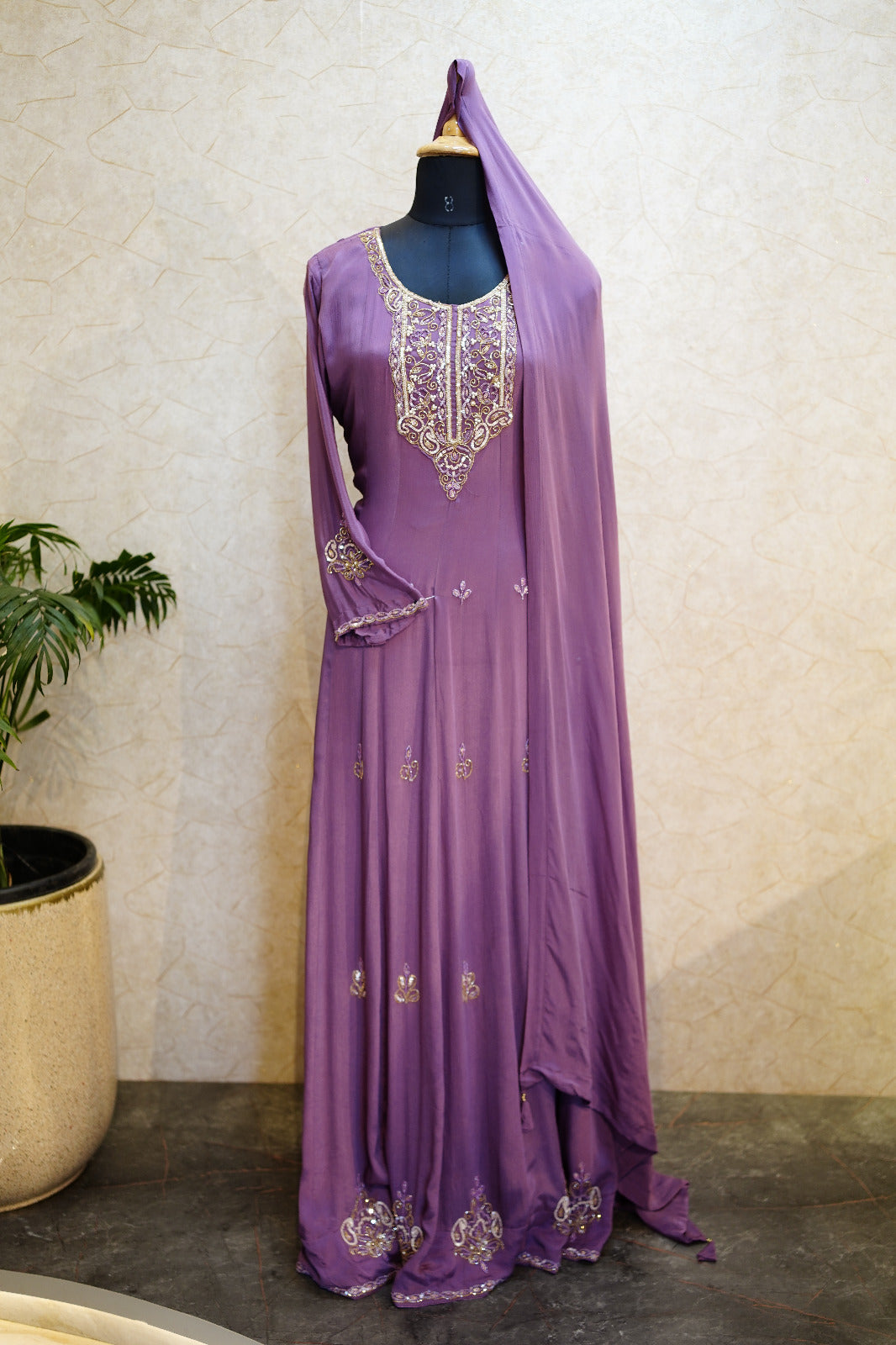 ✨ Elegant Hand-Embroidered Gown Set with Matching Dupatta code  4475
