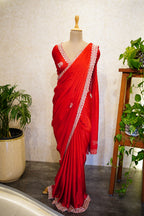 ✨Crimson Elegance Embroidered Silk Saree